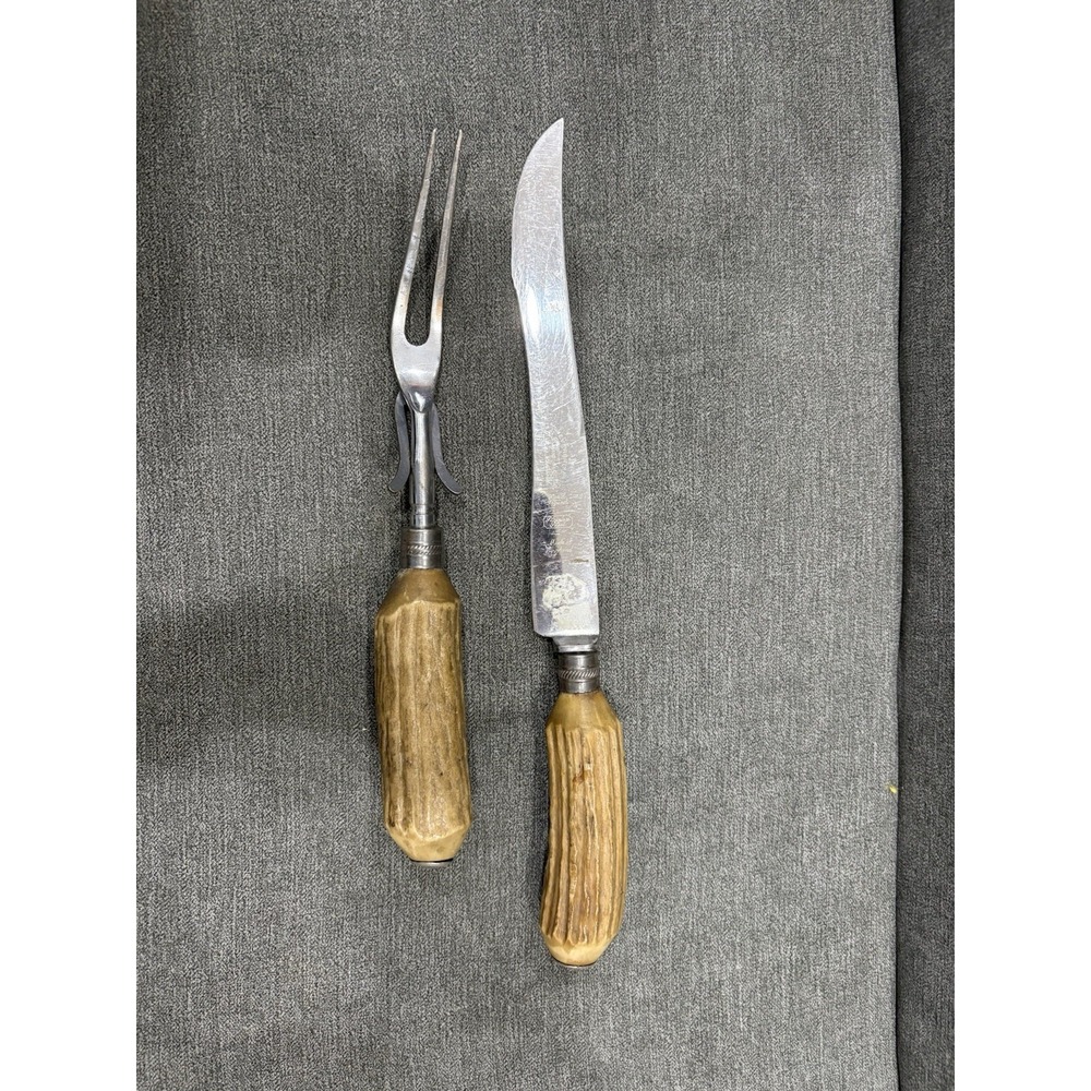 Vintage Everbrite Knife Company England Antlered Handled Meat‎ Carving Set